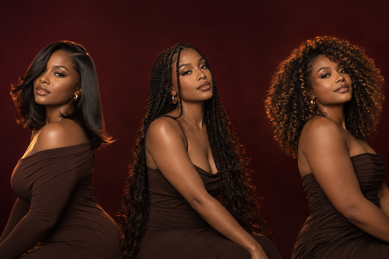 Three women showing polished natural and protective hairstyles